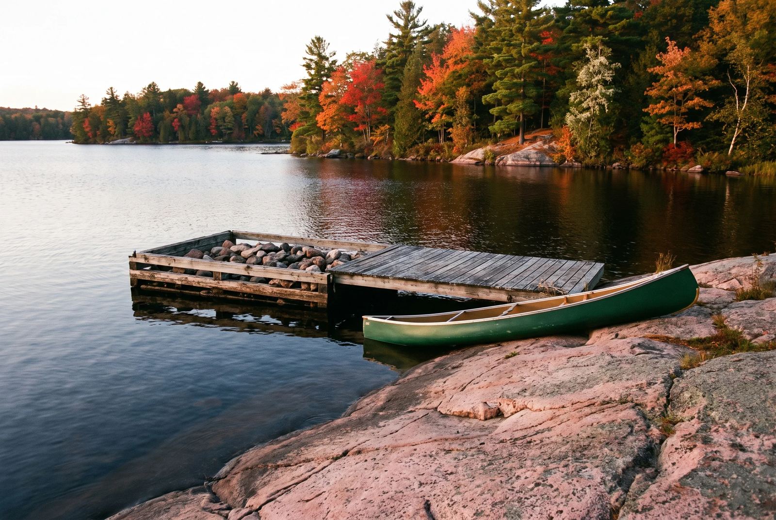 A green canoe on pink granite beside an old rock-filled crib dock, with autumn maples across the bay