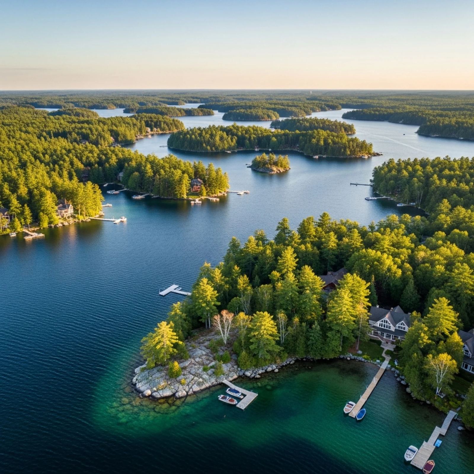 Aerial view of forested islands, docks and cottages on a deep blue Muskoka lake