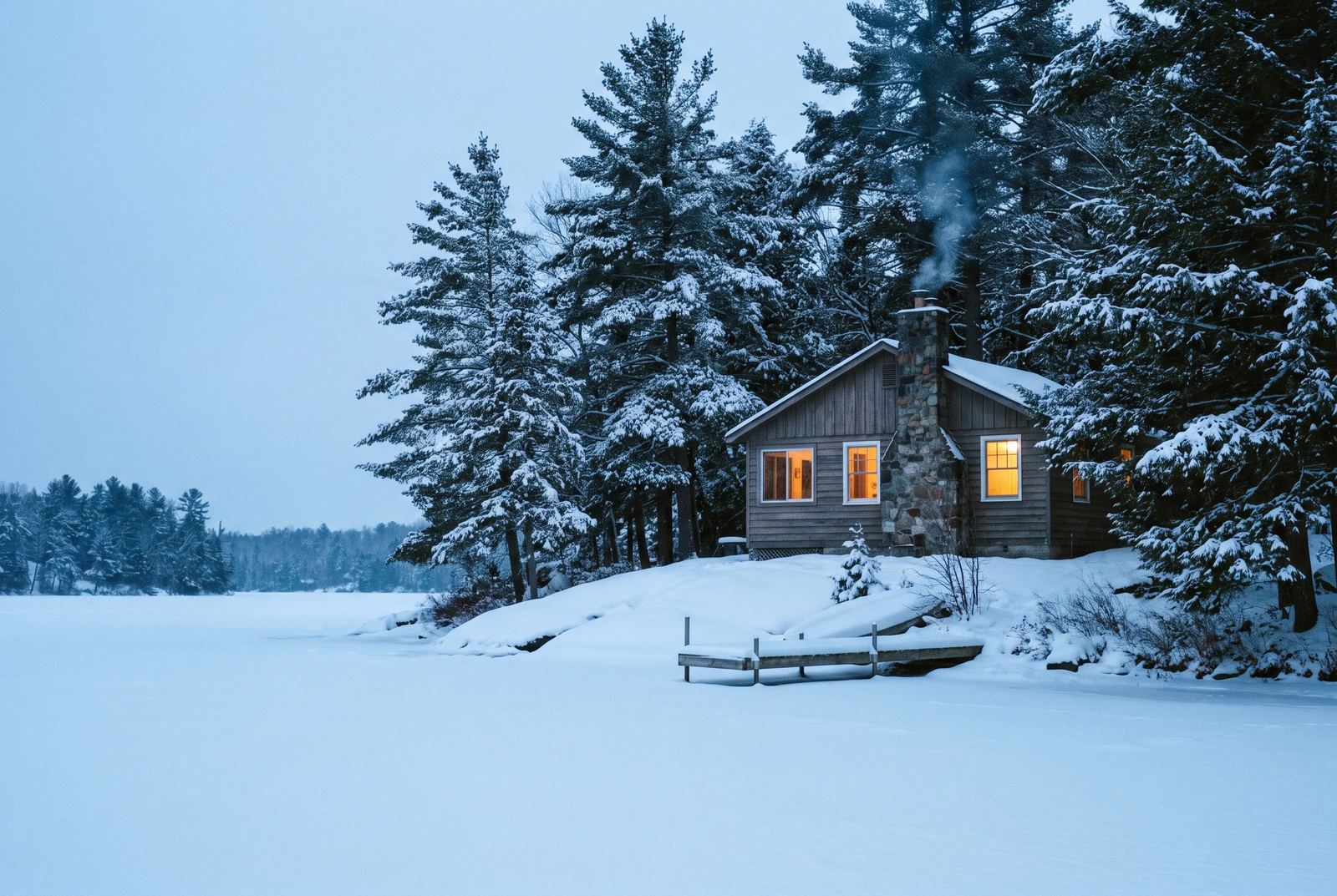 A small wood cottage with lit windows and chimney smoke on a snowy point above a frozen lake at dusk