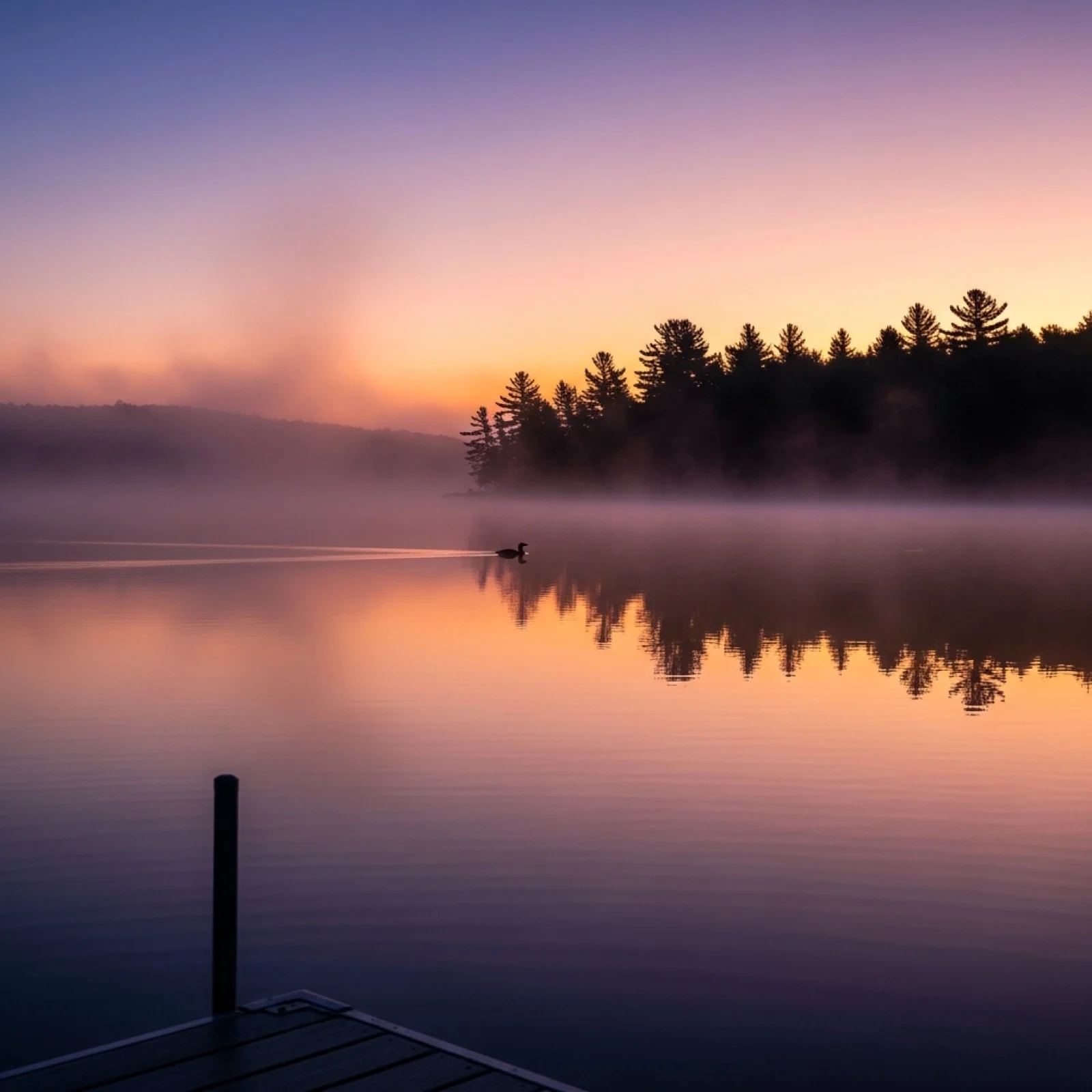 A loon on a misty lake at sunrise beside a pine-covered point